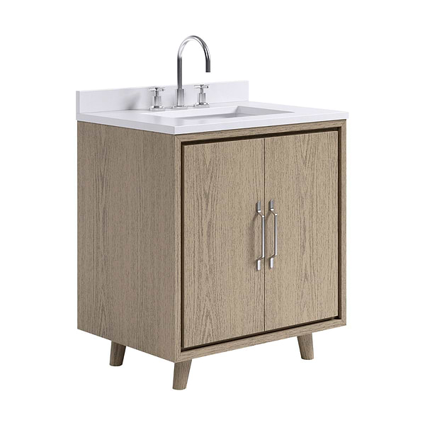 Setton Greige Ash 30" Single Vanity with White Quartz Top by TileBar Studio Vanities, View 4, open zoomed image