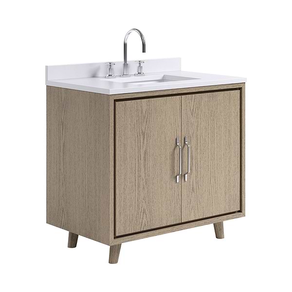 Setton Greige Ash 36" Single Vanity with White Quartz Top by TileBar Studio Vanities, View 7, open zoomed image