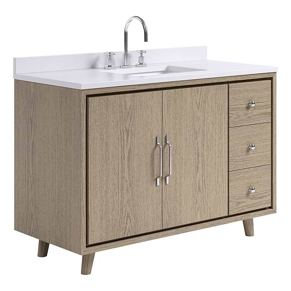 Setton Greige Ash 48" Single Vanity with White Quartz Top by TileBar Studio Vanities, View 4, open zoomed image
