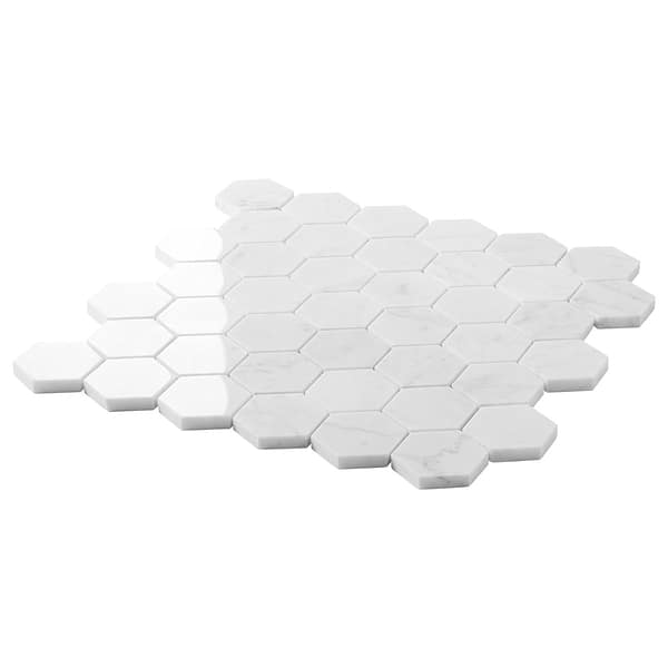 Bianco Carrara 2" Hexagon Polished Marble Mosaic Tile in White, View 7, open zoomed image