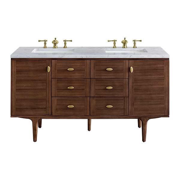 James Martin Vanities Amberly Mid-Century Walnut 60" Double Vanity with Carrara Marble Top