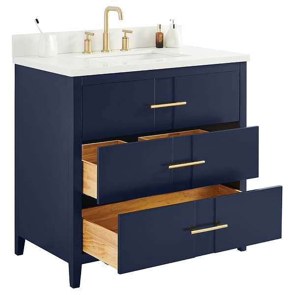 Iconic Navy and Gold 36" Single Vanity with Pure White Quartz Top