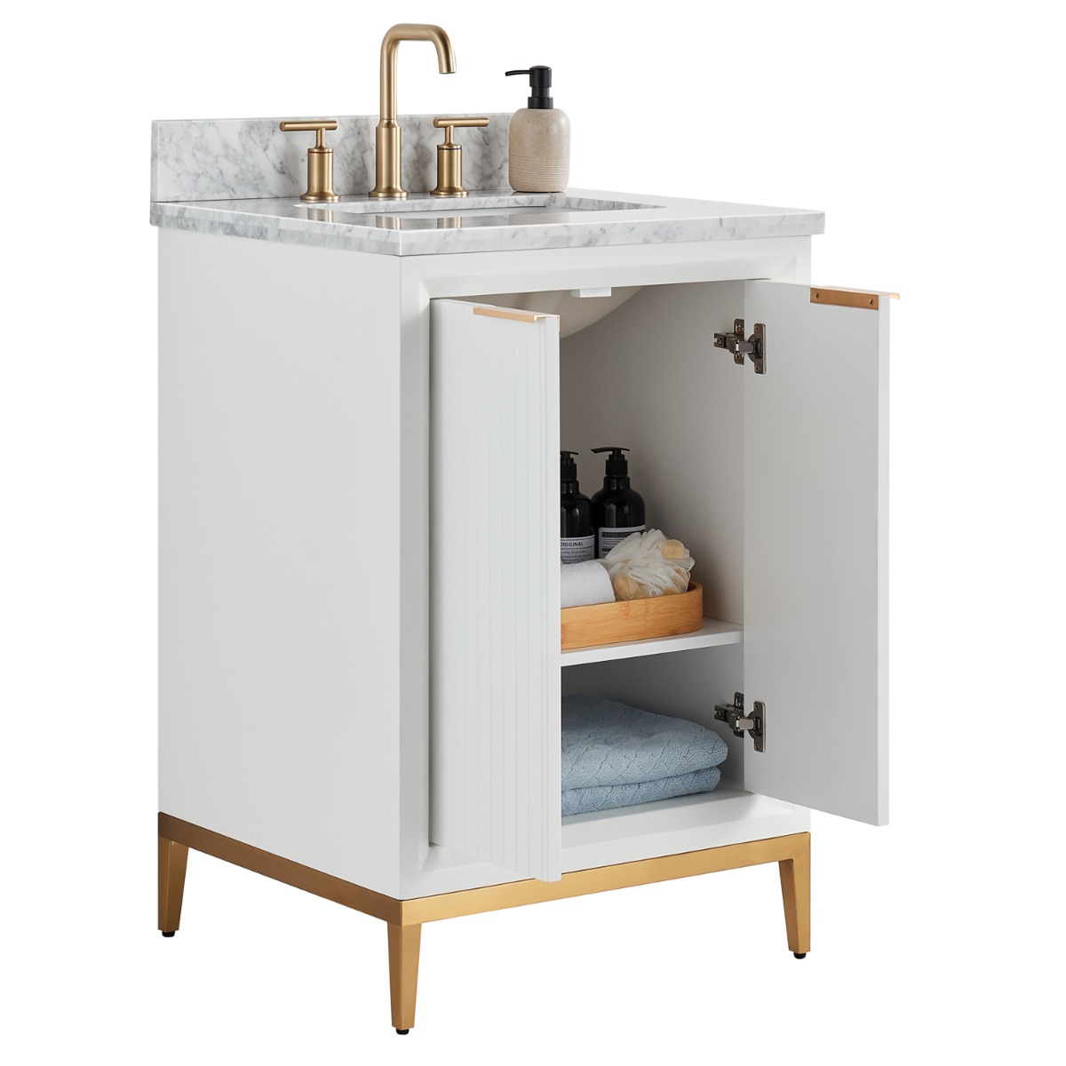 Bungalow White and Gold 24" Single Vanity with Carrara Marble Top