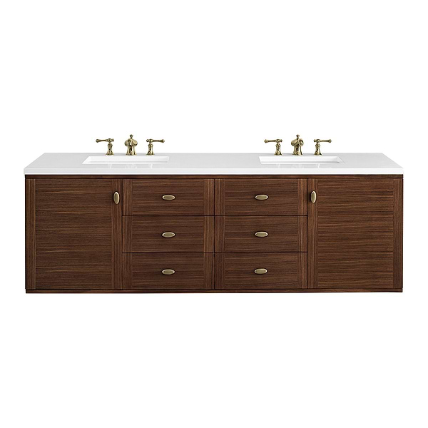 James Martin Vanities Amberly Mid-Century Walnut 72" Double Vanity with White Zeus Quartz Top