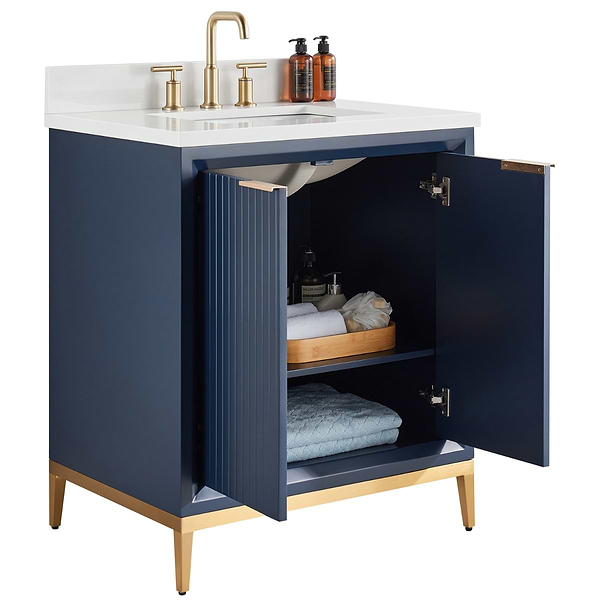 Bungalow Navy and Gold 30" Single Vanity with Pure White Quartz Top