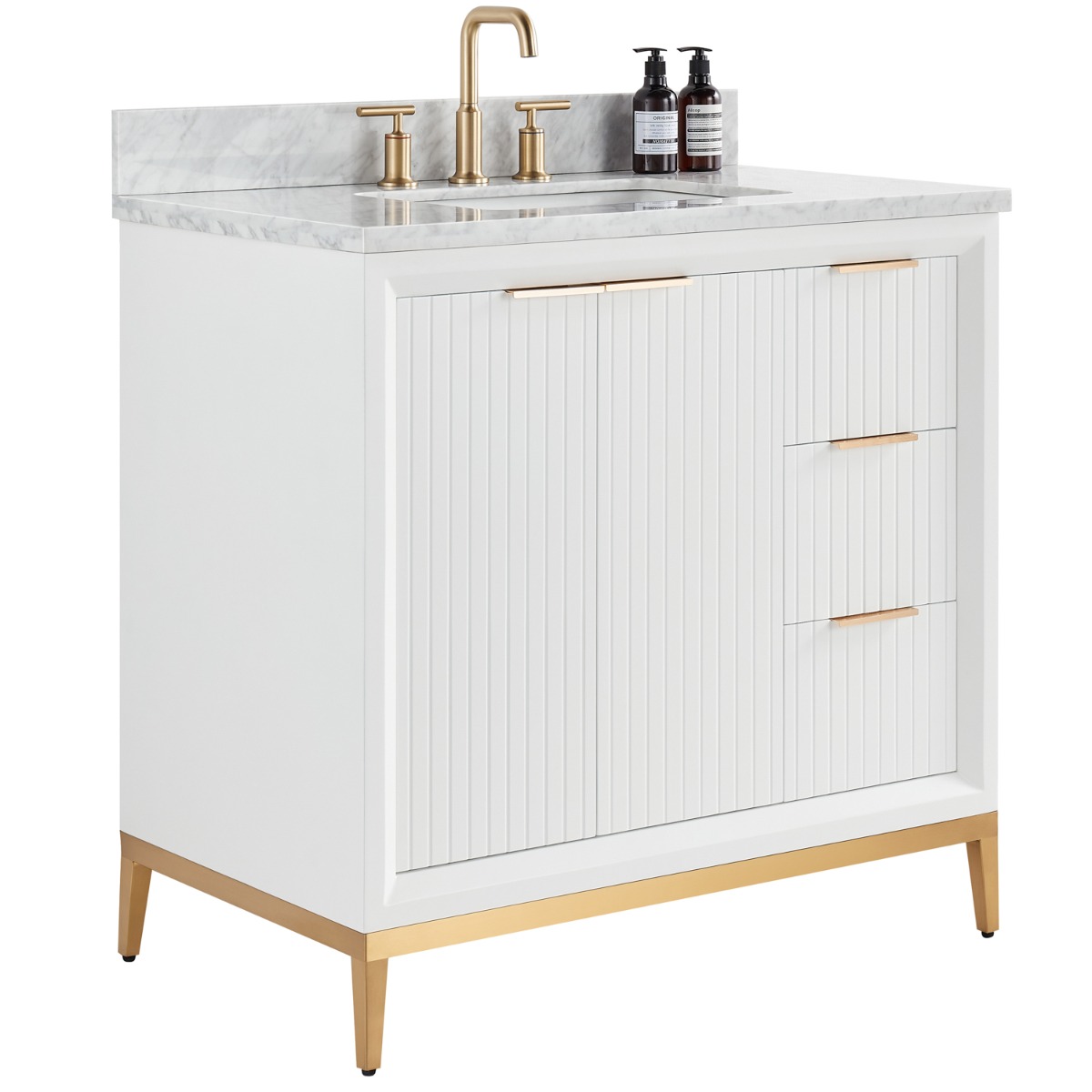 Bungalow White and Gold 36" Single Vanity with Carrara Marble Top