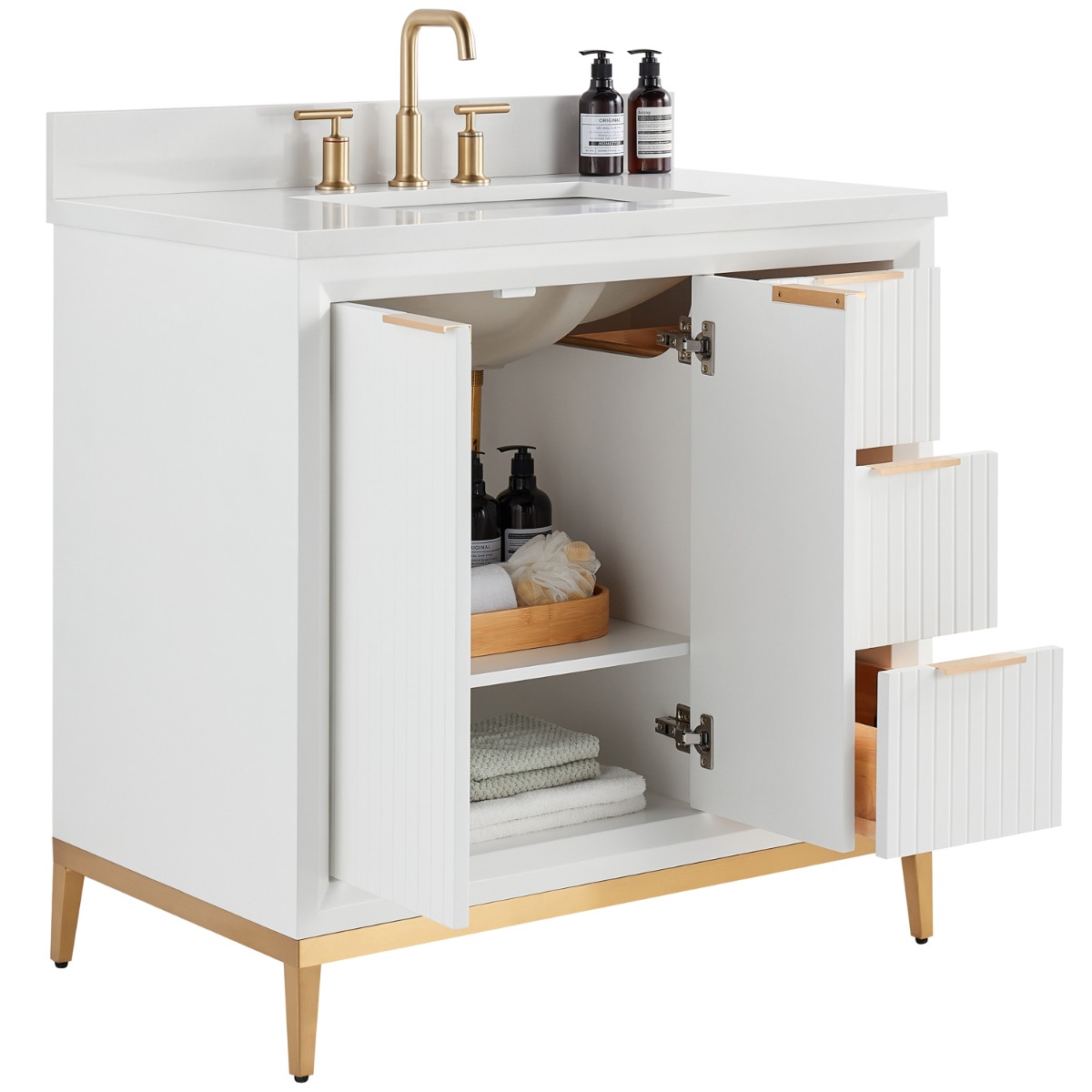 Bungalow White and Gold 36" Single Vanity with Pure White Quartz Top