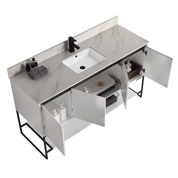 Amani 60" Matte White Single Vanity with Sintered Stone Carrara Top