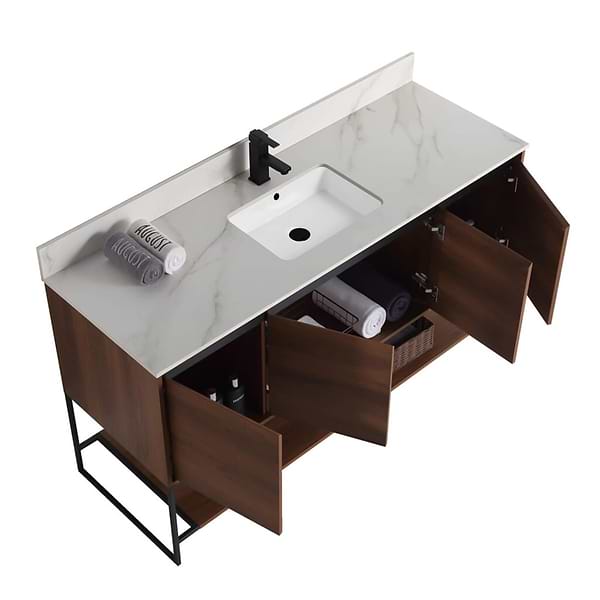 Amani 60" Walnut Brown Single Vanity with Sintered Stone Carrara Top