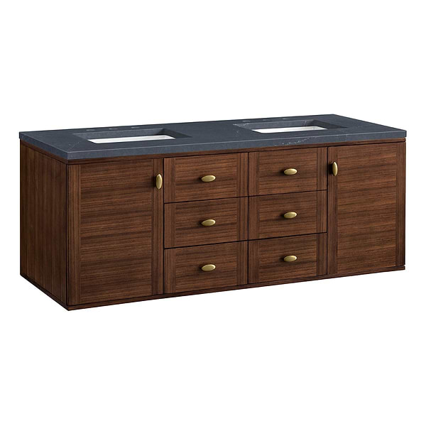 James Martin Vanities Amberly Mid-Century Walnut 60" Double Vanity with Charcoal Soapstone Quartz Top