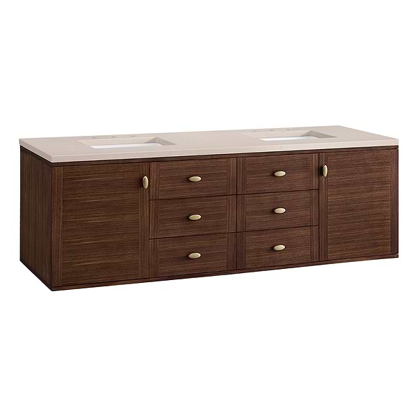 James Martin Vanities Amberly Mid-Century Walnut 72" Double Vanity with Eternal Marfil Quartz Top
