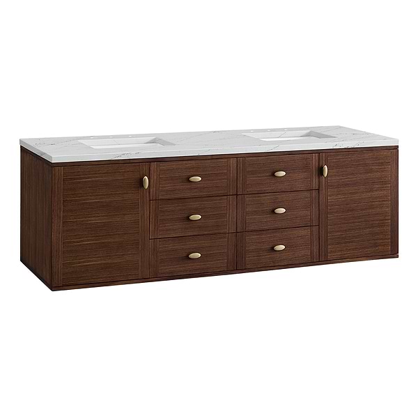 James Martin Vanities Amberly Mid-Century Walnut 72" Double Vanity with Ethereal Noctis Quartz Top