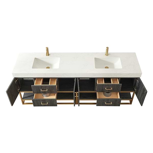 Ithica Black Oak 84" Double Vanity and Gold Hardware with Atlantic Stone Top