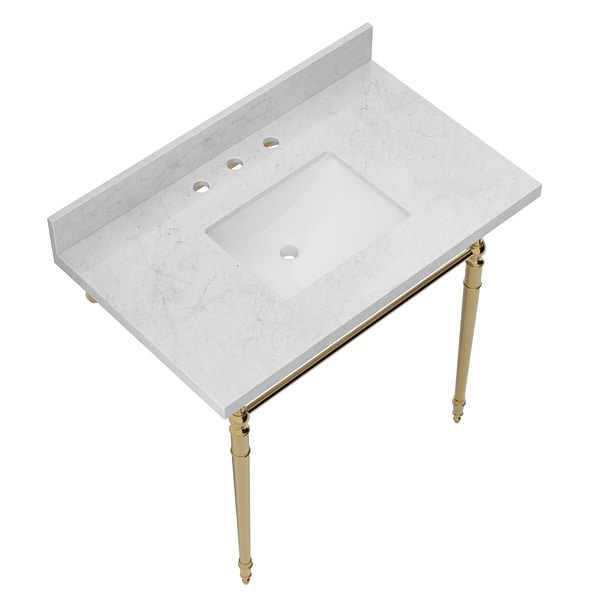 Napoleon Brushed Brass 36" Single Console with Carrara Marble Top Rectangle Sink and Backsplash