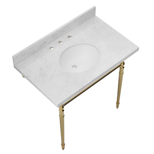 Napoleon Brushed Brass 36" Single Console with Carrara Marble Top Oval Sink and Backsplash