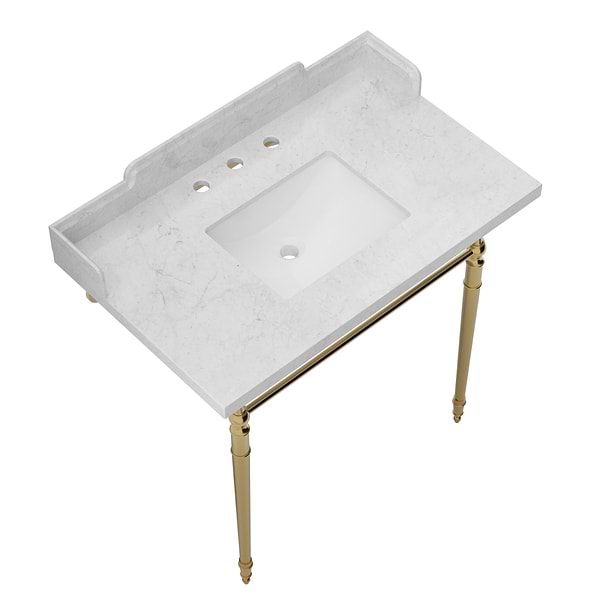 Napoleon Brushed Brass 30" Single Console with White Marble Top Rectangle Sink and Side Splash