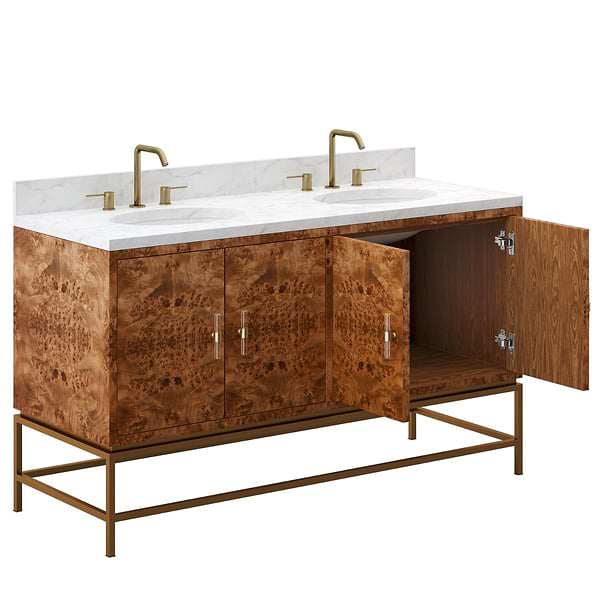 Kaia 60" Burl Wood Double Vanity with Cararra Marble Top