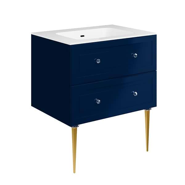 Alma Blue 30" Vanity with Gold Legs & Knobs with Integrated White Solid Surface Top