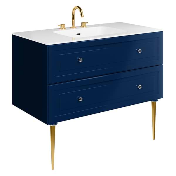 Alma Blue 42" Vanity with Gold Legs & Knobs with Integrated White Solid Surface Top