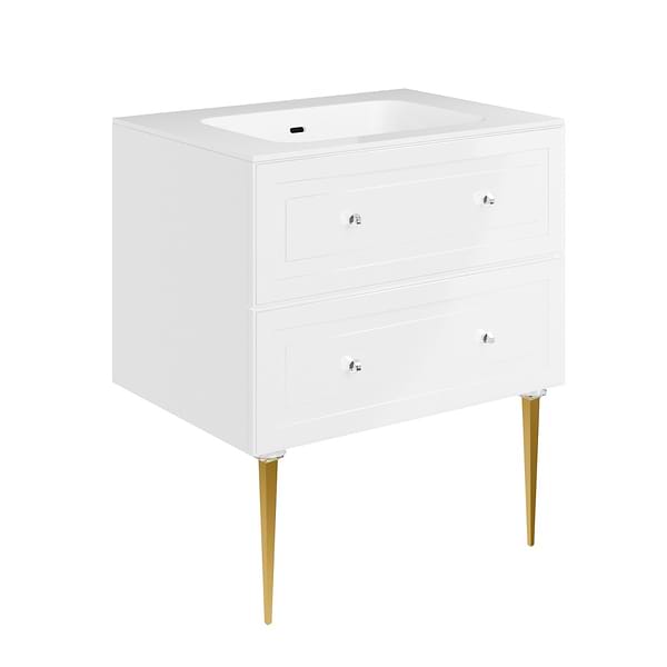 Alma White 30" Vanity with Gold Legs & Knobs with Integrated White Solid Surface Top