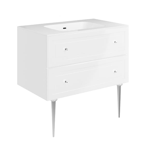 Alma White 36" Vanity with Chrome Legs & Knobs with Integrated White Solid Surface Top
