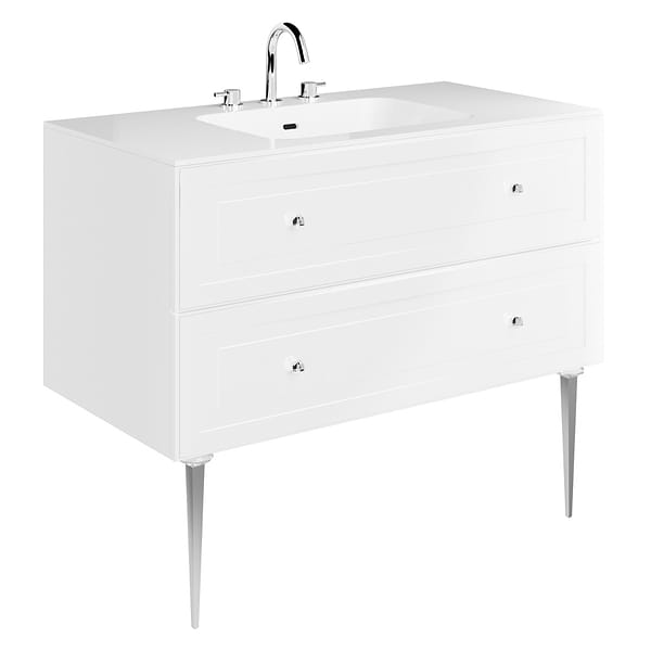 Alma White 42" Vanity with Chrome Legs & Knobs with Integrated White Solid Surface Top
