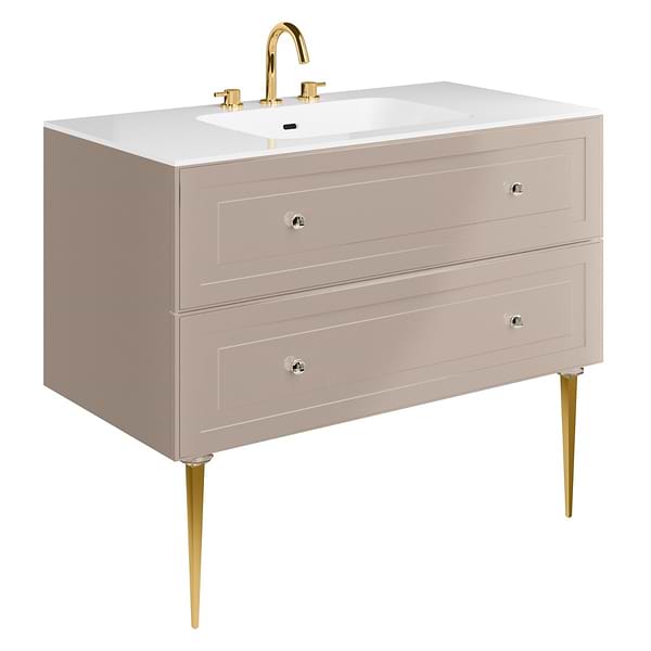 Alma Taupe 42" Vanity with Gold Legs & Knobs with Integrated White Solid Surface Top