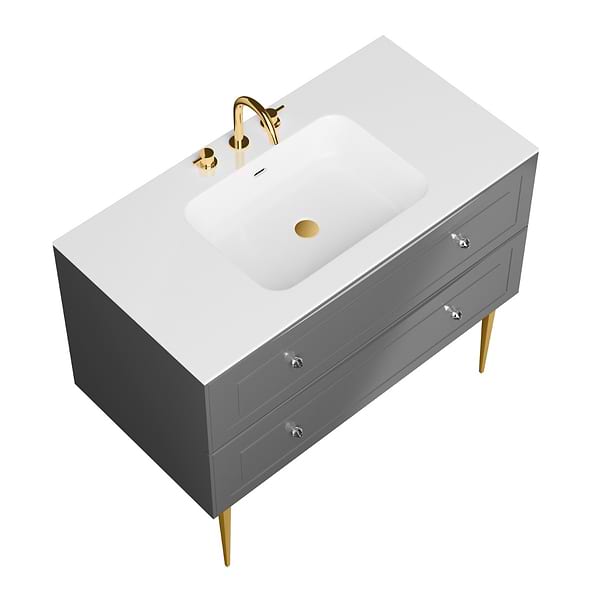 Alma Gray 42" Vanity with Gold Legs & Knobs with Integrated White Solid Surface Top