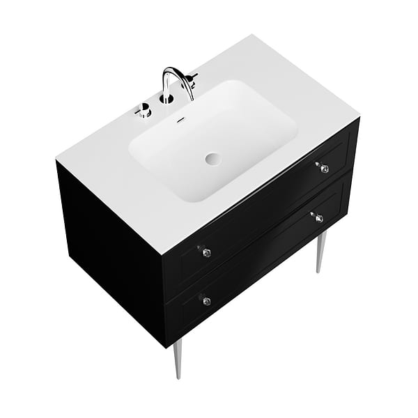 Alma Black 36" Vanity with Chrome Legs & Knobs with Integrated White Solid Surface Top