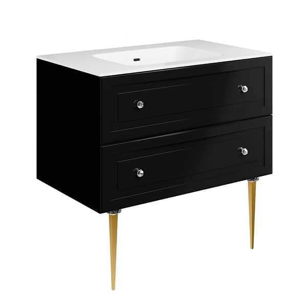 Alma Black 36" Vanity with Gold Legs & Knobs with Integrated White Solid Surface Top