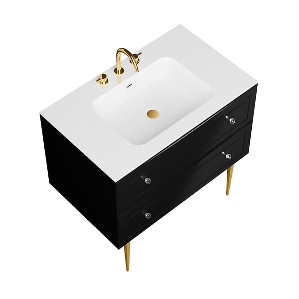 Alma Black 36" Vanity with Gold Legs & Knobs with Integrated White Solid Surface Top