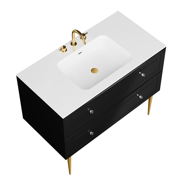 Alma Black 42" Vanity with Gold Legs & Knobs with Integrated White Solid Surface Top