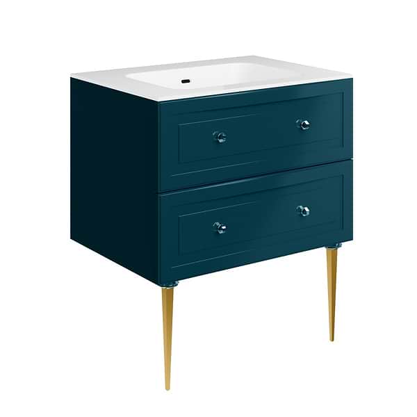 Alma Turquoise 30" Vanity with Gold Legs & Knobs with Integrated White Solid Surface Top