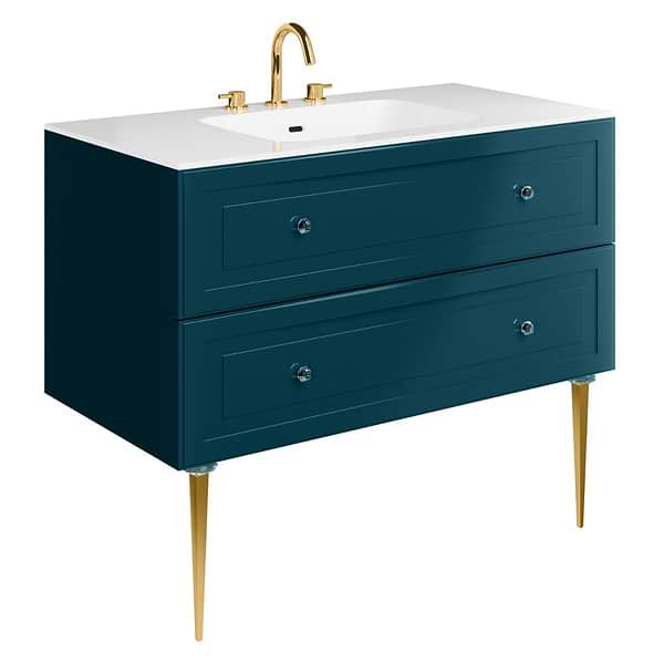 Alma Turquoise 42" Vanity with Gold Legs & Knobs with Integrated White Solid Surface Top