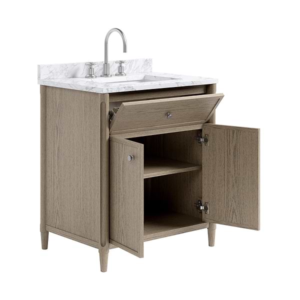Ashford Greige Ash 30" Single Vanity with Carrara Marble Top by TileBar Studio Vanities, View 8, open zoomed image