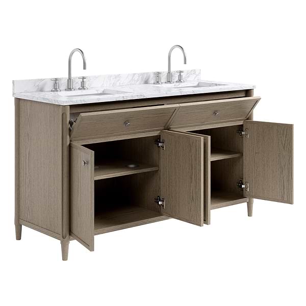 Ashford Greige Ash 60" Double Vanity with Carrara Marble Top by TileBar Studio Vanities, View 8, open zoomed image