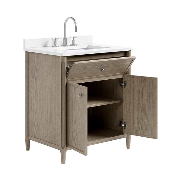 Ashford Greige Ash 30" Single Vanity with White Quartz Top by TileBar Studio Vanities, View 8, open zoomed image