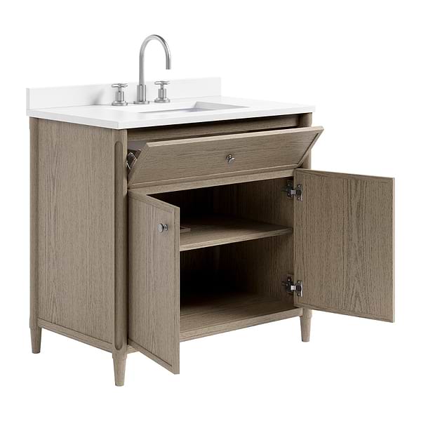 Ashford Greige Ash 36" Single Vanity with White Quartz Top by TileBar Studio Vanities, View 8, open zoomed image