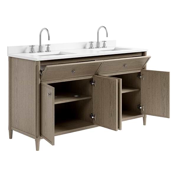 Ashford Greige Ash 60" Double Vanity with White Quartz Top by TileBar Studio Vanities, View 8, open zoomed image