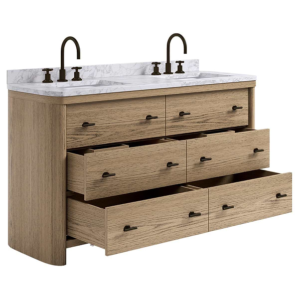 TileBar Studio Vanities Callum Natural Ash 60" Double Vanity with Carrara Marble Top