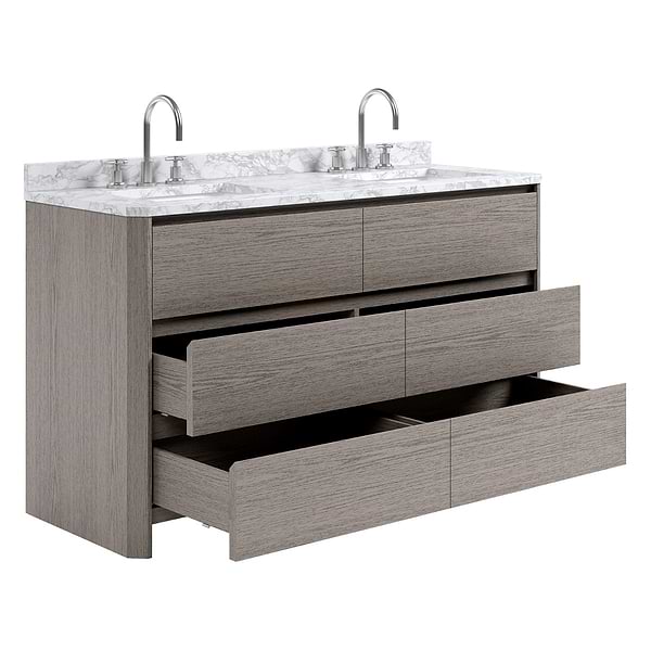 Dalton Steel Oak 60" Double Vanity with Carrara Marble Top by TileBar Studio Vanities, View 7, open zoomed image