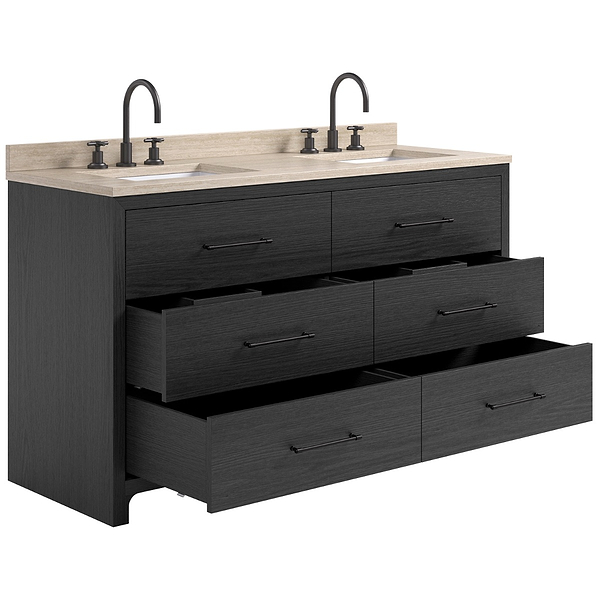 TileBar Studio Vanities Edison Ebony Oak 60" Double Vanity with Romano Travertine Top