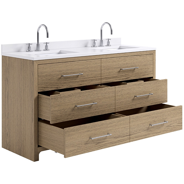 TileBar Studio Vanities Edison Medium Ash 60" Double Vanity with White Quartz Top