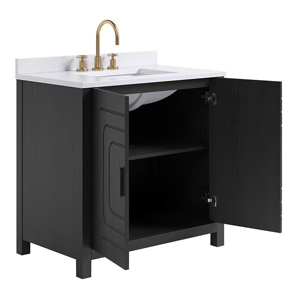 Emett Ebony Oak 36" Single Vanity with White Quartz Top by TileBar Studio Vanities, View 7, open zoomed image