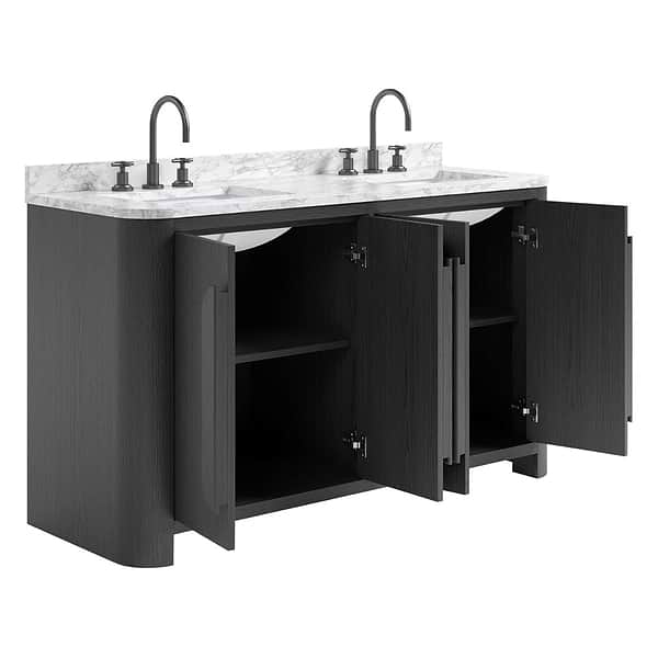 Harper Ebony Oak 60" Double Vanity with Carrara Marble Top by TileBar Studio Vanities, View 7, open zoomed image