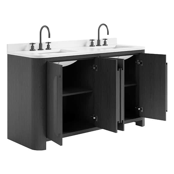 Harper Ebony Oak 60" Double Vanity with White Quartz Top by TileBar Studio Vanities, View 7, open zoomed image