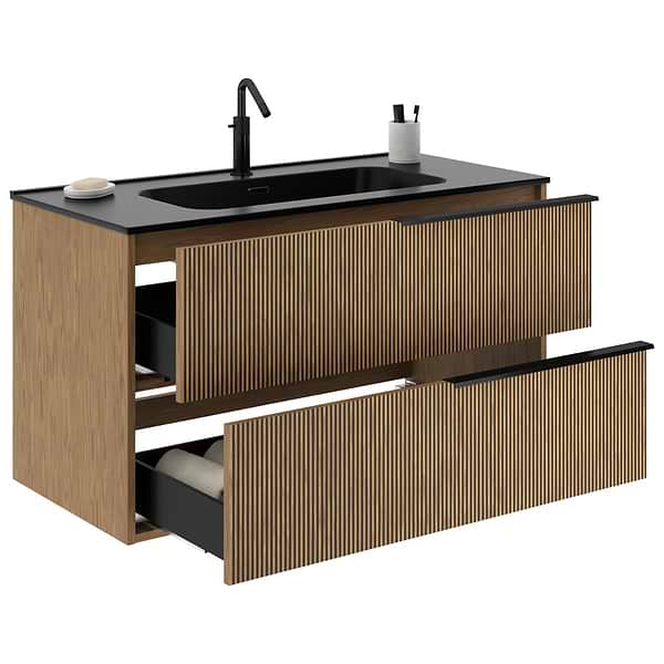Kora Art Faux Fluted 40" Single Vanity with Integrated Black Ceramic Top & Black Handles