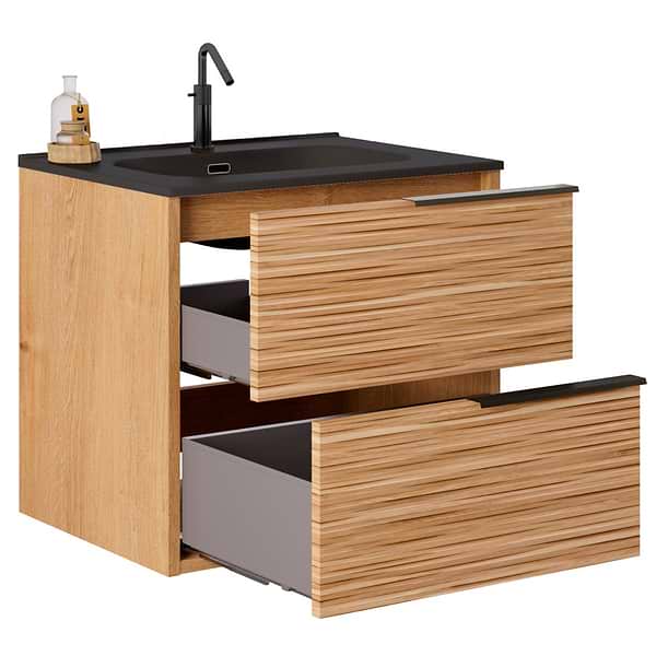 Kora Bamboo Faux Finish 24" Single Vanity with Integrated Black Ceramic Top & Black Handles