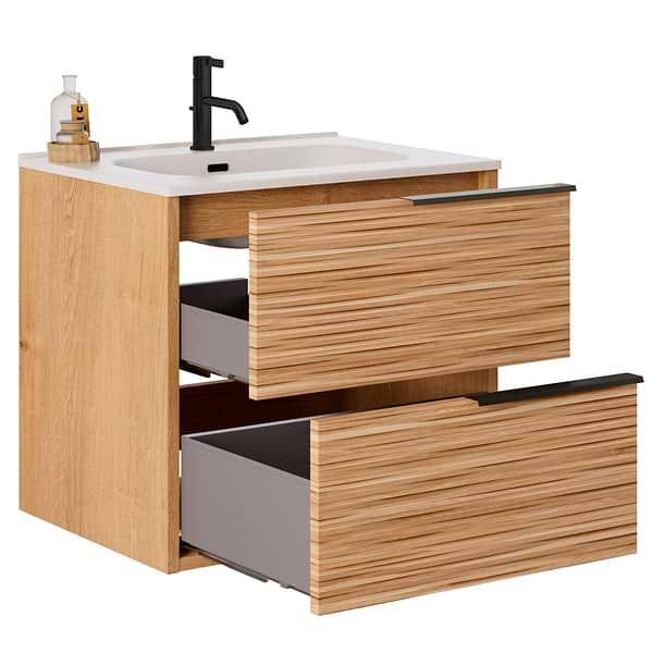 Kora Bamboo Faux Finish 24" Single Vanity with Integrated White Ceramic Top & Black Handles