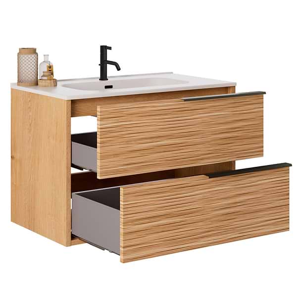 Kora Bamboo Faux Finish 32" Single Vanity with Integrated White Ceramic Top & Black Handles